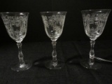 3 Fostoria Clear Meadow Rose Etched Pattern Wine Stem Glasses