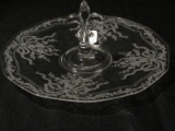 Fostoria Clear Hune Etched Pattern Fleur De Lis Center Handle Tray