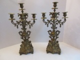 Pair - Brass 5 Light Candelabras Elaborate Design Urn Form on Plinth Base Scalloped Shell