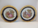 2 Limoges Porcelain Shallow Bowls Victorian Couples Garden Scene w/ Cobalt/Gilted Border