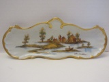 Porcelain Oblong Serving Dish w/ Hand Painted Village Landscape Scene