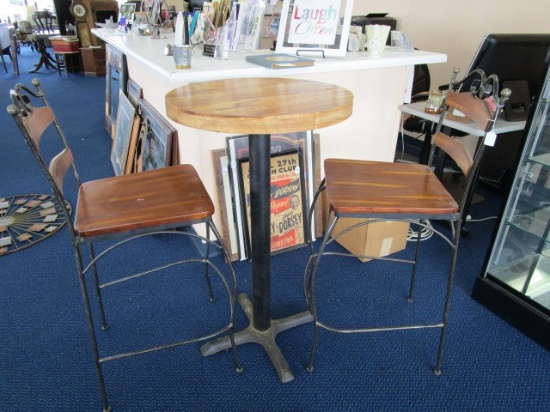 Tall Wooden Round Top Table w/ Tall Pair Bar Chairs, Curled Metal Frame, Ladder Back