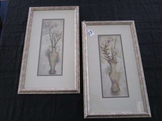 Pair - Print Pictures of Tall Vases in Antique Patina Wood Frame/Matt