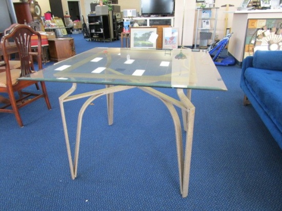 Brushed Grey Metal Base, Glass Top Table