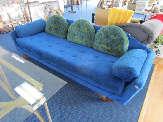 Cookie Monster Long Sofa Wood Legs, Blue Shag Upholstered w/ Blue/Yellow Wave Pillows