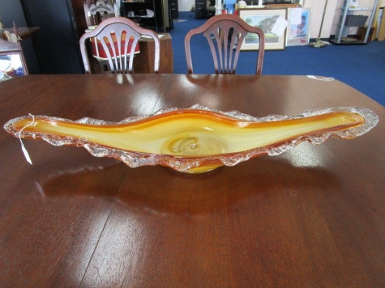 Long Amber/Clear Glass Art Glass Centerpiece Dish