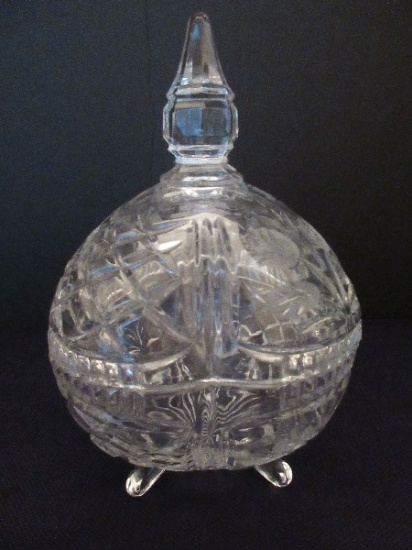 Crystal Clear Lead Crystal Scrolled Footed Covered Candy Dish