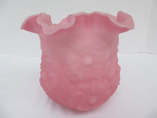 Fenton Rose Pink Satin Poppy Embossed Pattern Crimped Vase Circa 1974-1977