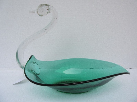 Mid-Century Art Glass Duncan & Miller Emerald Green Console Bowl w/ Clear Neck