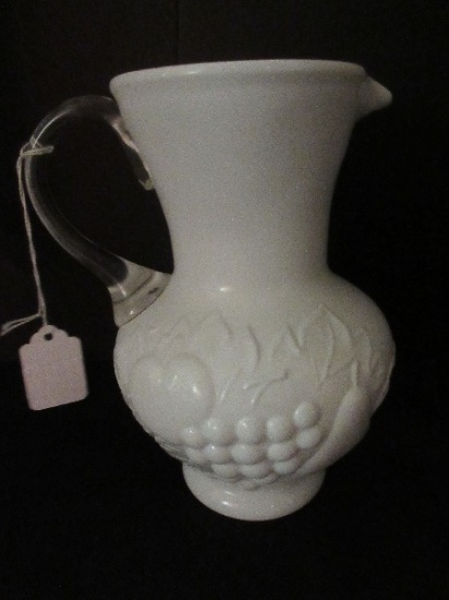 Scarce Milk Glass Pitcher w/ Applied Clear Handle w/ Raised Fruit Pattern