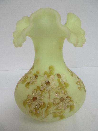 Fenton Custard Satin Glass Vase Hand Painted Flowers/Foliage Pattern Artist Signed Base