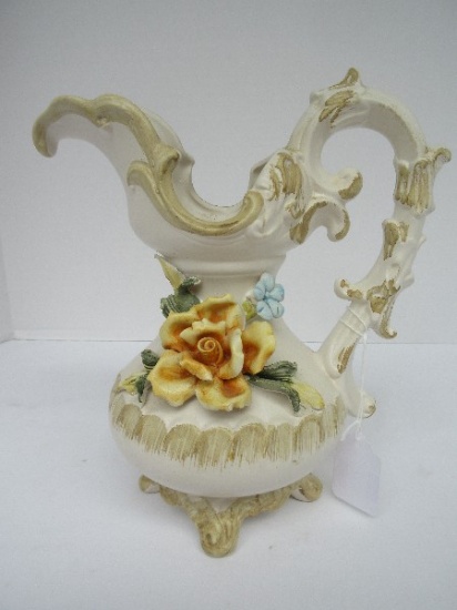 Capodimonte Italian Ewer Pitcher w/ Applied Yellow Rosebud & Foliage