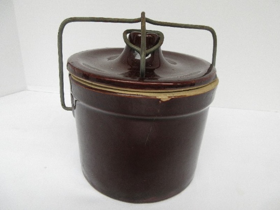 Early Stoneware Pottery Crock Storage Vessel w/ Wire Lock Lid