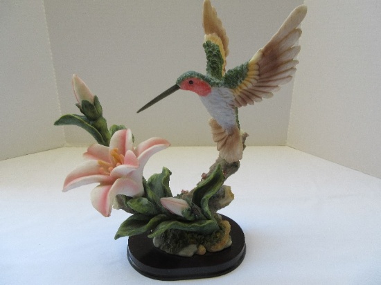 Resin Hummingbird in Flight w/ Pink Lilies Figurine on Simulated Wooden Base