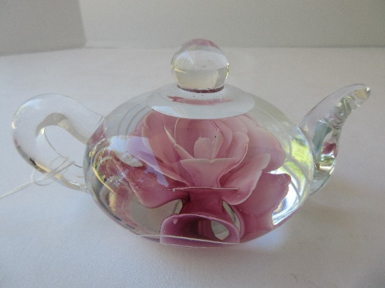 Dynasty Gallery Heirloom Collection Art Glass Dust Pink Rosebud Teapot Form Paperweight