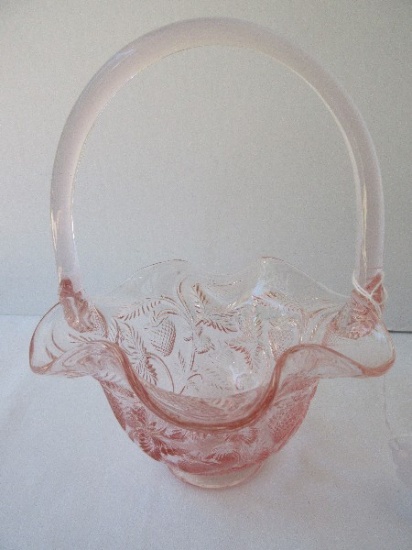 Fenton Art Glass Strawberry Pattern Pink Rose Color 8" Basket w/ Applied Handle