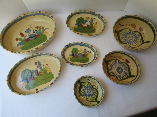 Lot - Earthenware Nesting Dishes Hand Painted Flower & Landscape Patterns