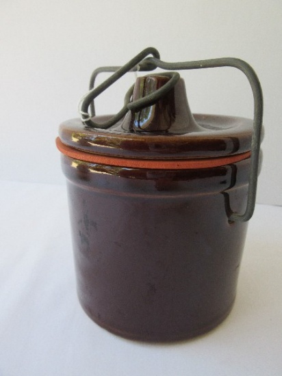 Pottery Brown Glaze Crock w/ Wirelock Lid