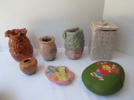 Lot - Misc. Pottery Vases, Covered Square Vessel Jar, Etc.