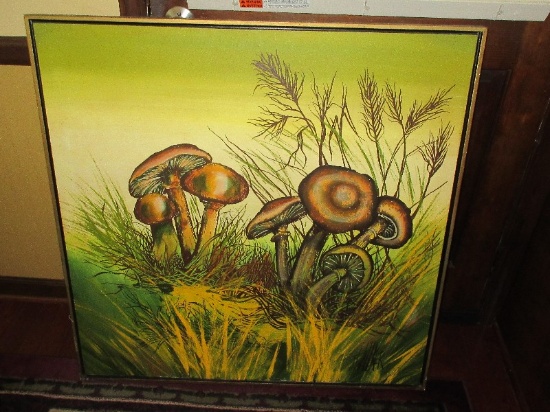 Wild Mushrooms & Grass Original on Canvas Artist Signed in Contemporary Frame