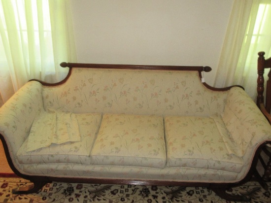 Elegant Duncan Phyfe Style Sofa w/ Rolled Arms Ornately Carved Mahogany Trim