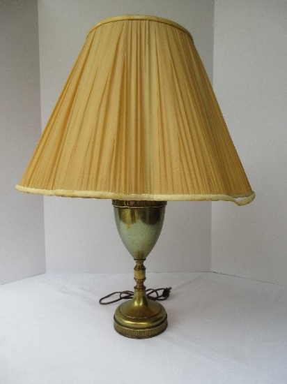 Brass Tone Urn Form Table Lamp w/ Raised Band Design & Scalloped Shade