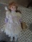 Doll w/ Porcelain Head/Hands/Feet in Purple/Floral Blue Dress on Stand w/ Teddy Bear