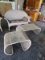 Wicker 2 Seat Bench Arched Skirt, 1 Glass Top Side Table, 1 Glass Top Coffee Table