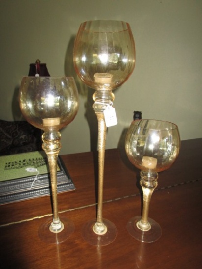 3 Raised Votive Candle Holders Glass w/ Gilted/Speckled Design
