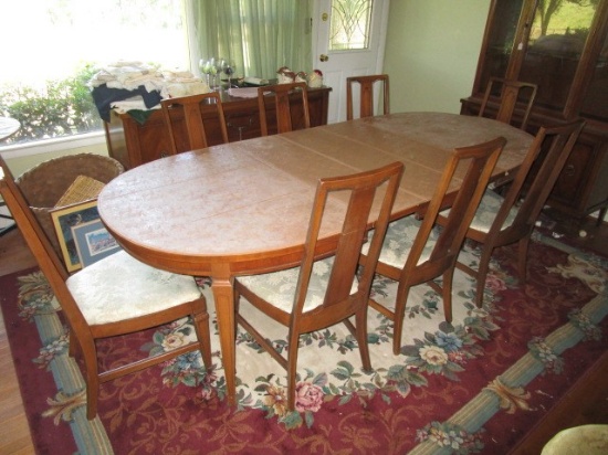 Wooden Dining Table Rounded Ends w/ 2 Leafs w/ 8 Chairs