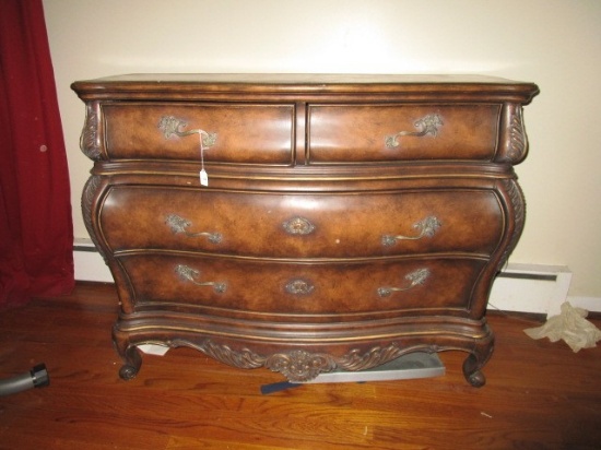 Wooden Bow Front Antique Design Dresser 4 Drawers, Curled Floral Brass Pulls