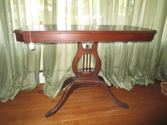 Oak Vintage Lyre-Body Side Table, Wave Trim, Grooved/Metal Paw Feet