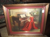Woman Playing Piano Print Vintage Picture in Wooden Gilted Frame/Matt