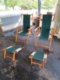 Wooden Vintage Style Beach Chairs w/ Green/White Striped Design w/ 2 Foot Rests