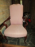 Pink Stripe Upholstered Arm Chair w/ Curved Arms, Curved to Pad Feet Front Legs
