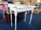 White Wooden Desk, 2 Folding Wings, Glass Top, Bow Front, Block/Spindle Legs