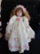 Large Porcelain Doll, Head/Hands/Feet, Cream Dress, Pink Bowls, Brown Hair