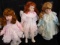 3 Dolls w/ Stands Porcelain Head/Hands/Feet Blue/Pink Prairie Dresses w/ Stands