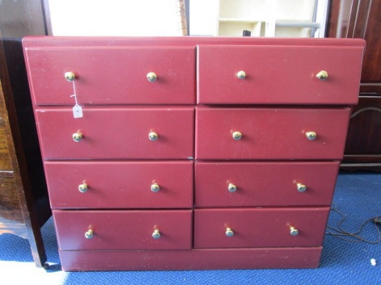 May-Bilt May Wood Furniture Co. 8 Drawer Dresser Red Painted Brass Pulls