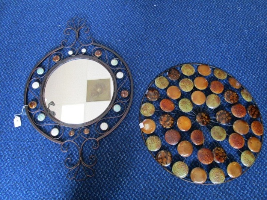 Metal Round, Curled Top/Base Wall Mounted Mirror w/ Colored Faux-Brass Motif