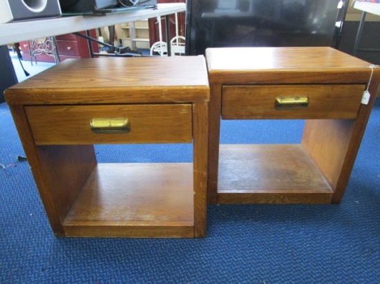 Pair - Wooden Side Tables w/ Drawers, Brass Pull, 2-Tier