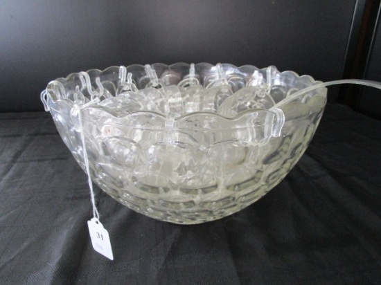 Large Punch Bowl Peanut Glass Design Scallop Trim w/ 11 Matching Cups, 1 Plastic Ladle