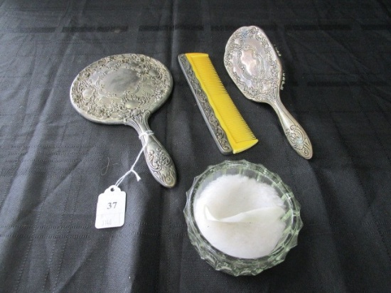 Lot - Silverplate Brush, Hand Mirror, Comb Ornate Rose/Embellished Motif w/ Glass Power Dish