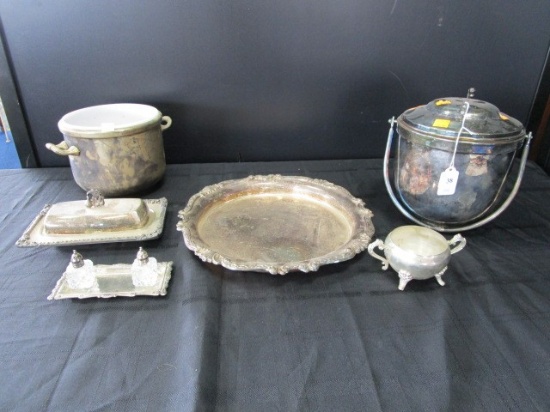 Silverplate Lot - 2 Ice Buckets, Ornate Trim Platter/Plate, Butter Dish