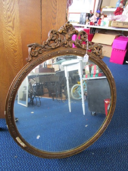 Wall Mounted Round Mirror in Gilted Wooden Frame Ornate Curled/Acanthus Pediment Top