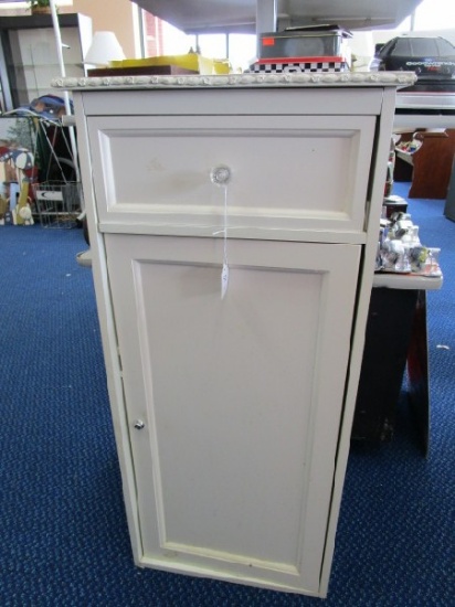 White Wooden Side Table 1 Drawer, 1 Hutch Door Rose Trim