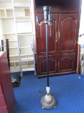 3 Armed Standing Torchiere Lamp, Black Column, Colored/Reed Glass Base