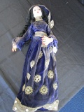 Vintage Cloth Doll Wood Face/Base Blue Sequin Base