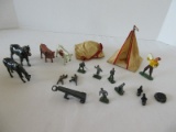 Vintage Cast Metal Cattle, Horse, Paperboy, Small Soldiers Figurines & 2 Tents