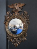 Federal Style Convex Wall Décor Framed Mirror Antiqued Gilded Patina Molded Frame